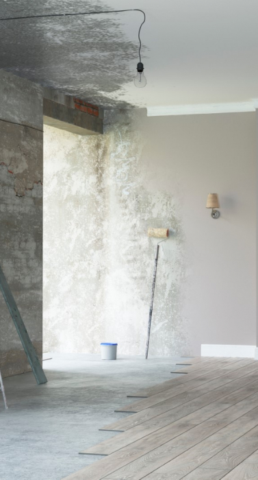 Renovation interior with bright windows. 3D render